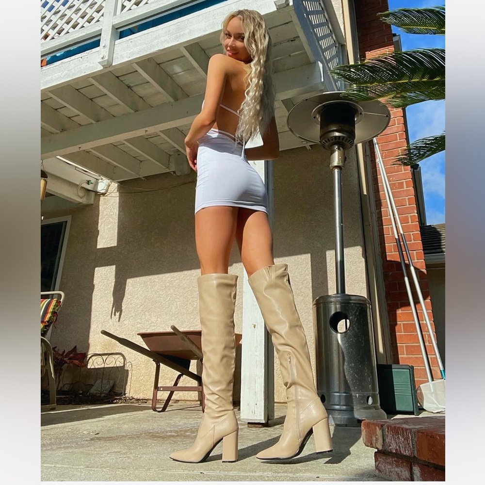 Nasty Gal - Chic Beige Knee-High Heeled Boots | Classic Neutral Statement